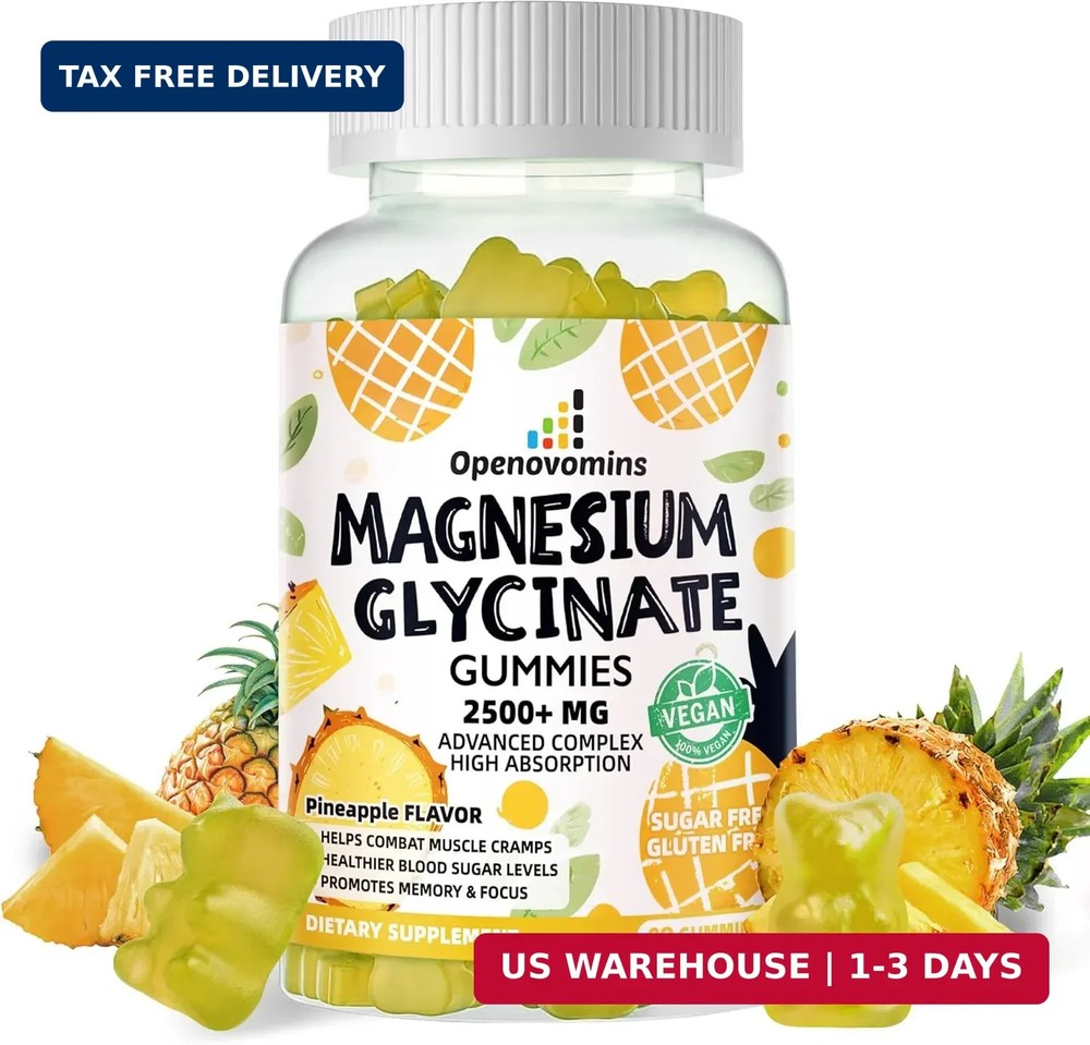 Magnesium Glycinate Gummies 2500mg – Sugar 90 Count (Pack of 1), Pineapple