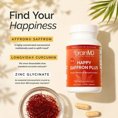 BrainMD Happy Saffron Plus 3-in-1 Vegan Capsules Mood Focus & Hormone Support