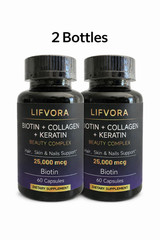 LIFVORA Biotin 25000 mcg Collagen Keratin 2 Pack Hair Skin Nails USA