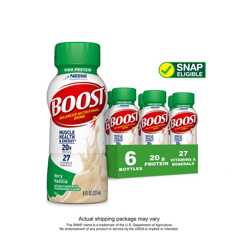 BOOST 20g High Protein Nutritional Drink Shakes, Very Vanilla, 8 fl oz, 6 Pack