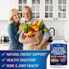 NEW AGE Sea Moss Black Seed Oil Ashwagandha 60 Count (Pack of 1), Silica