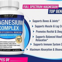 1-3Pack Toplux Nutrition Magnesium Complex 1000mg Supports 8 Elemental Magnesium