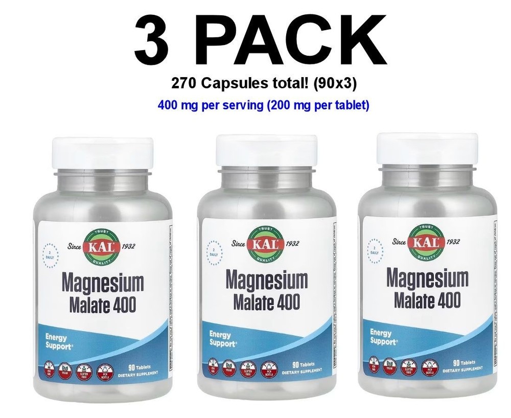KAL, Magnesium Malate 400, 3 PACK, 90 Tablets (270 total), 200 mg per tablet