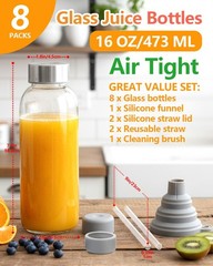 Glass Water Bottles with Lids & Straw 16 oz 8 Pack Reusable Juice Bottles With