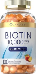 Biotin 10000Mcg Gummies 100 Count Peach Flavor Supplement Vegan, Non-Gmo, Gluten