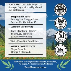 Pure Mountain Botanicals Cat’s Claw Capsules – 90 Kosher Vegan Caps with 1000mg