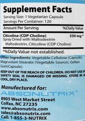 Absonutrix Citicoline CDP Choline 530mg 120 Veg cap Brain Health Cognitive Skill
