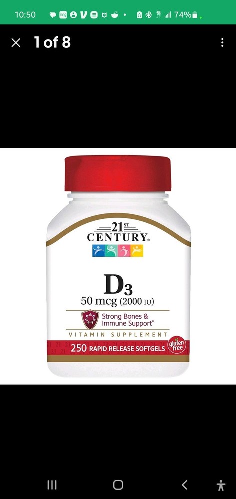 21st Century Vitamin D3 2000 IU Rapid Release Softgels Gluten Free 50 mcg 250 Ct