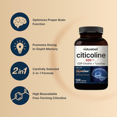 Naturebell Citicoline CDP Choline 500Mg with Tyrosine 50Mg, 120 Capsules