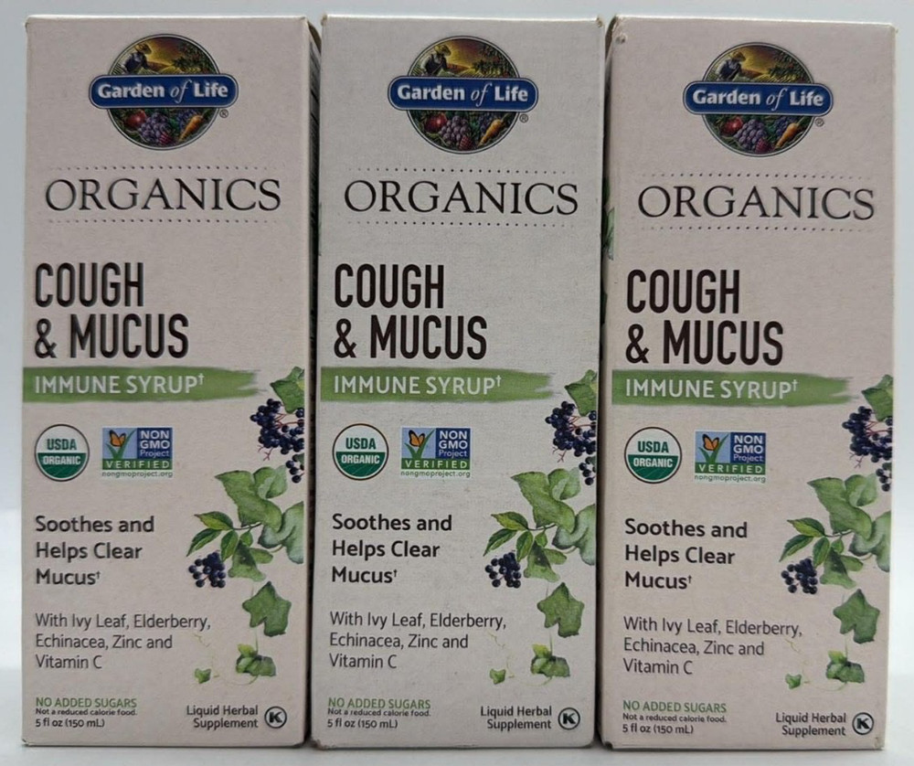 3PK Garden of Life Organics Cough & Mucus Immune Syrup ~ 5 FL OZ EACH ~ EXP 1/27