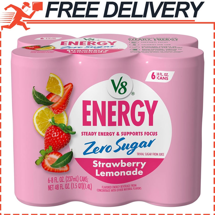 V8 Energy Zero Sugar Strawberry Lemonade, Gluten Free, 8 fl. oz. Can 6 Pack