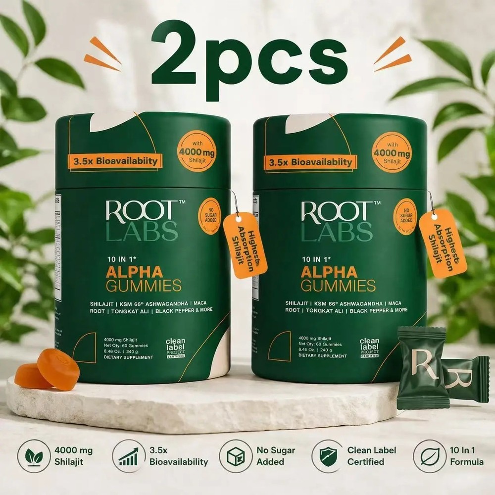 2 BOTTLES- Root Labs 10-1 Alpha Gummies |4K mg Pure Shilajit &KSM-66 |60 Gummies