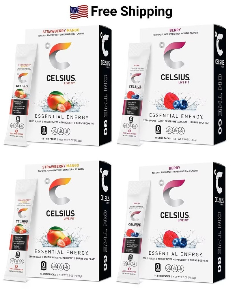 CELSIUS On The Go Energy Drink, Strawberry Mango(2), Berry(2)
