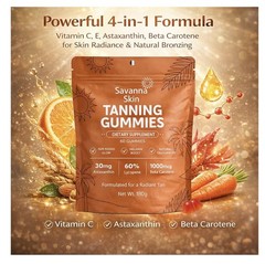 Savanna Skin Tanning Gummies, with Vitamin C & E, Astaxanthin, Collagen. 03/28