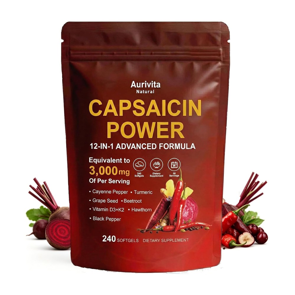 Capsaicin Softgels with Cayenne Pepper Vitamin E D3 K2 Grape Seed 240 Caps