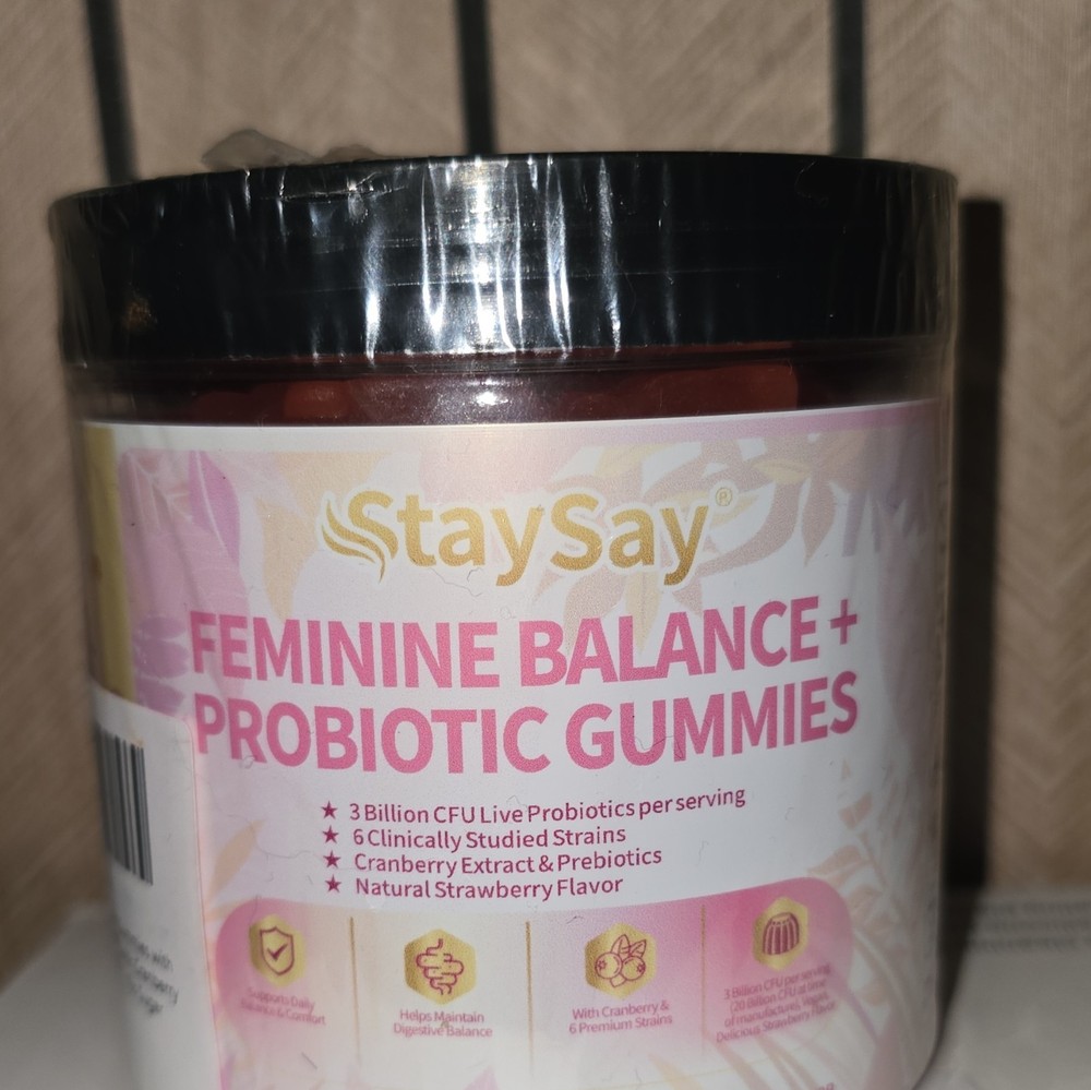 StaySay Feminine Balance Probiotic Gummies, Strawberry + Cranberry Extract