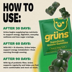 Gruns Super Greens Gummies – 28ct – Spirulina, Chlorella & Prebiotic