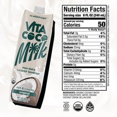 Vita Coco Organic Coconut Milk, Dairy Free, Unsweetened, 33.8 oz Pack of 6