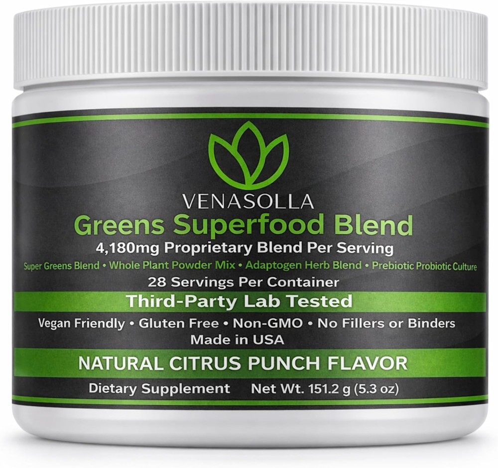 Venasolla Super Greens Powder – Citrus Punch Flavor – Spirulina, Prebiotic Fiber