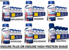Ensure Plus OR High Protein Shakes 8 oz. Chocolate, Strawberry, Vanilla, 12, 24