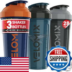 Velomix -3 Pack- 28 Oz Protein Shaker Bottle For Protein Mixes – 3X Wire Whisk