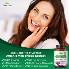 USDA Organic Milk Thistle 7500 mg Strength 120 Veggie Caps 80% Silymarin 30:1
