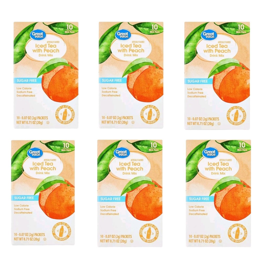 6 Boxes – Great Value Iced Tea with Peach Drink Mix Decaffeinated 60 Packets