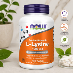 NOW L-Lysine 1000 mg Double Strength 100 Tablets Essential Amino Acid Vegan