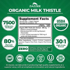 USDA Organic Milk Thistle 7500 mg Strength 120 Veggie Caps 80% Silymarin 30:1