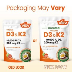 2 PACKS-NEW VEV Vitamin D3 K2 10000 IU, 300 Coconut Oil Softgels, 2-in-1 D&K
