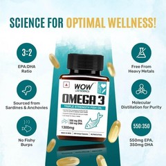 WOW Life Science Omega-3 Fish Oil 1300mg – For Men & Women – 3X Strength – 60Cap