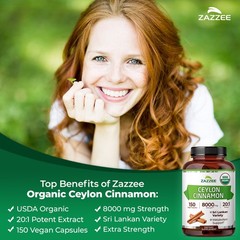 USDA Organic Ceylon Cinnamon 20:1 Extract, 150 Vegan Capsules, 5 Month Supply