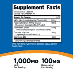 Nutricost NAD+ (1000mg) with Resveratrol (100mg) 60 Capsules – 30 Servings