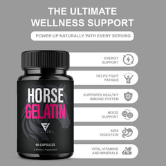 Horse Gelatin Performance Capsules, Horse Gelatin Pills (60 Capsules)