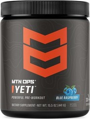 MTN OPS – Yeti Pre Workout Blue Raspberry 10.9oz (Unopened, Label is Stained)