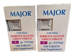 Lot Of 2 Boxes Major Ferrous Sulfate Green Iron Supplement 325mg