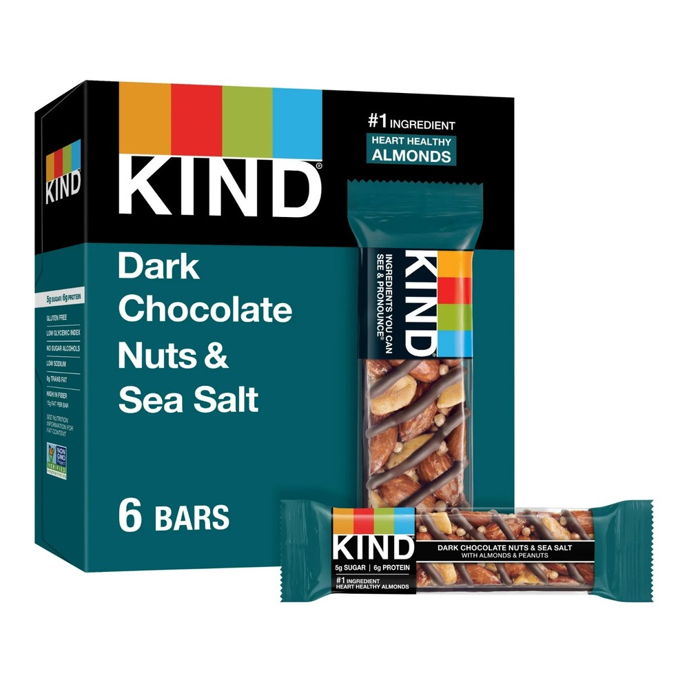 KIND Gluten Free Dark chocolate nuts & Sea Salt Snack Bars 1.4 oz, 6 Count Box..