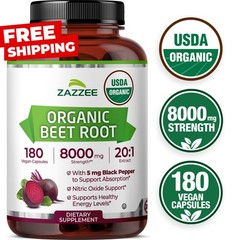 USDA Organic Beet Root 8000 mg Strength 20:1 Extract, 180 Vegan Capsules, Kosher