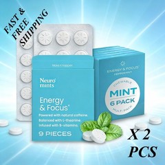 2 PACK-LUXRY Neuro Energy&Focus Mints Peppermint 6Pack Caffeine Vegan Zero Sugar