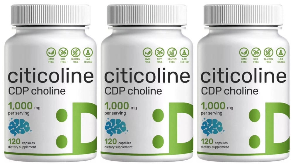 Citicoline CDP Choline 1000mg 3X120 Caps supports Brain Cognitive Function