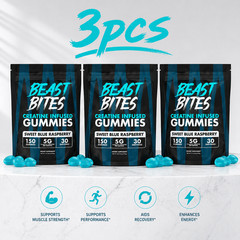 3 PACKS-Beast Bites Creatine Infused Gummies Sweet Blue Raspberry – 30 Servings