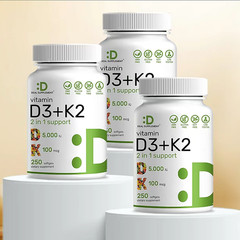 Vitamin D3+K2,2 in 1 Support, for Bones, Heart & Immune- 250 Capsules–