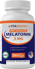 Vitamatic Melatonin 3mg Tablets | Vegetarian, Natural Berry Flavor – 365 Tablets