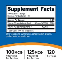 Nutricost Vitamin K2 (100mcg) + Vitamin D3 (5000 IU) 120 Softgels – Gluten Free