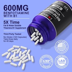 Mega Benfotiamine 600 mg, 120 capsules, a fat-soluble form of thiamine, B1