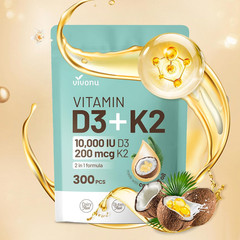 Vivonu Vitamin D3 10000 IU + K2 MK-7 200 mcg, 300 Softgels – Coconut Oil Enhance