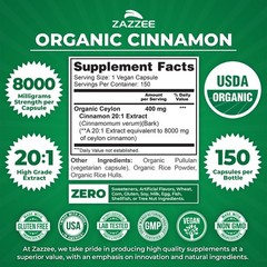 USDA Organic Ceylon Cinnamon 20:1 Extract, 150 Vegan Capsules, 5 Month Supply