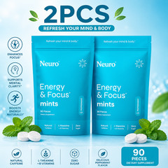 2 Pack Neuro Energy & Focus Mints Peppermint Zero Sugar L-Theanine B Vitamins