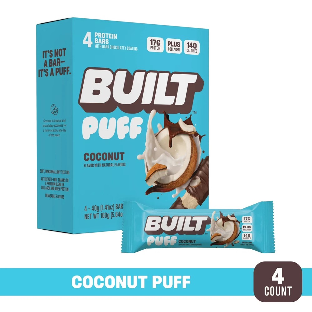 BUILT Puff Protein Bar, Coconut, 17g Protein, Collagen, 4 Count Box, 1.41 oz Bar