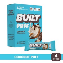 BUILT Puff Protein Bar, Coconut, 17g Protein, Collagen, 4 Count Box, 1.41 oz Bar